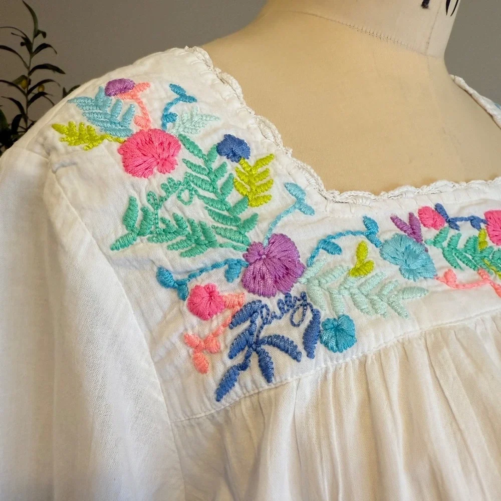 Lilly Pulitzer Tamryn Top White Floral Embroidered Square Neck Peasant Blouse M - Picture 6 of 11